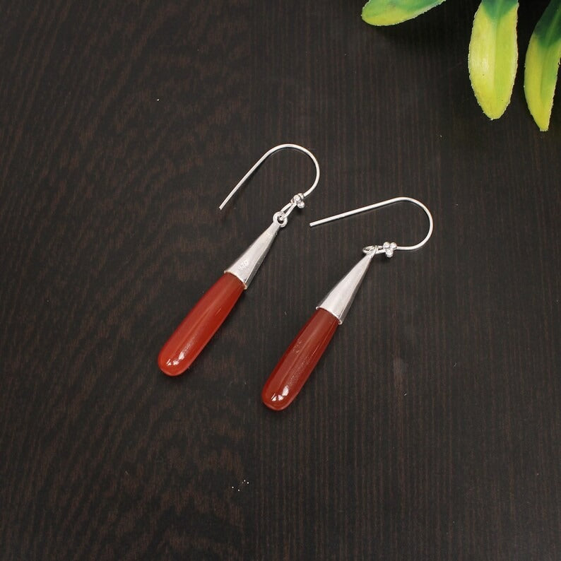 925 Sterling Silver Red Onyx Teardrop Earrings