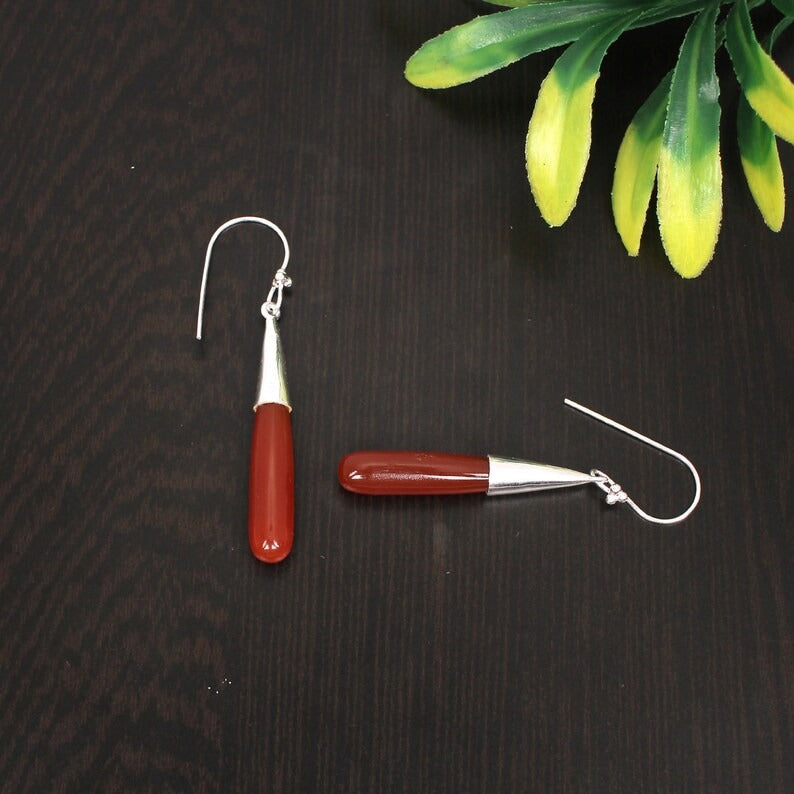 925 Sterling Silver Red Onyx Teardrop Earrings