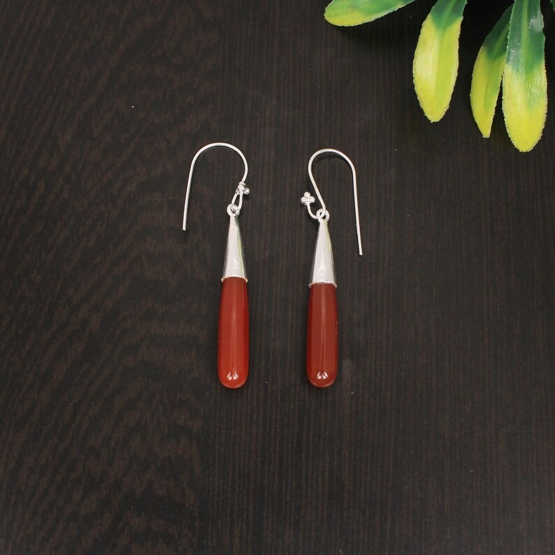 925 Sterling Silver Red Onyx Teardrop Earrings