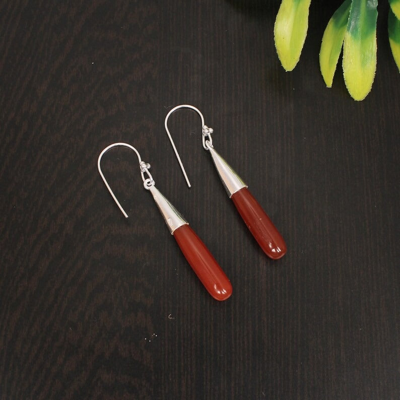 925 Sterling Silver Red Onyx Teardrop Earrings