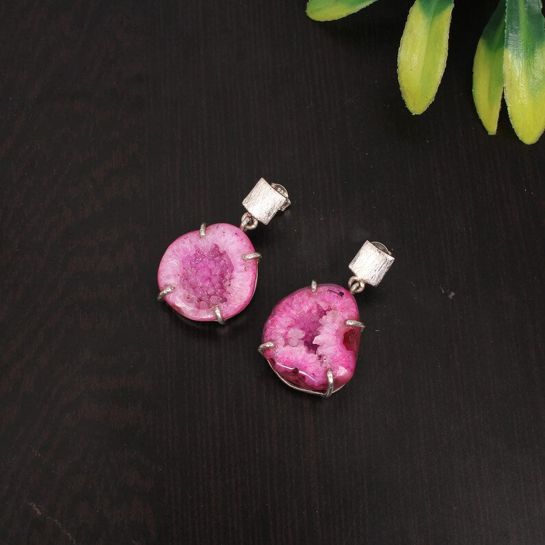 Natural Pink Window Druzy Gemstone Sterling Silver Earrings