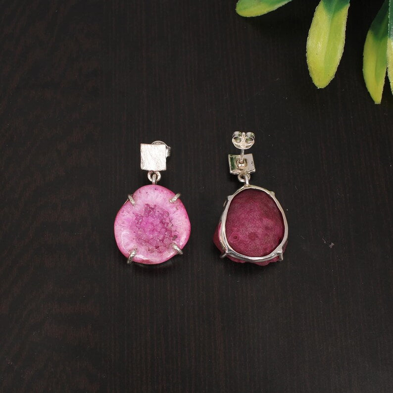 Natural Pink Window Druzy Gemstone Sterling Silver Earrings