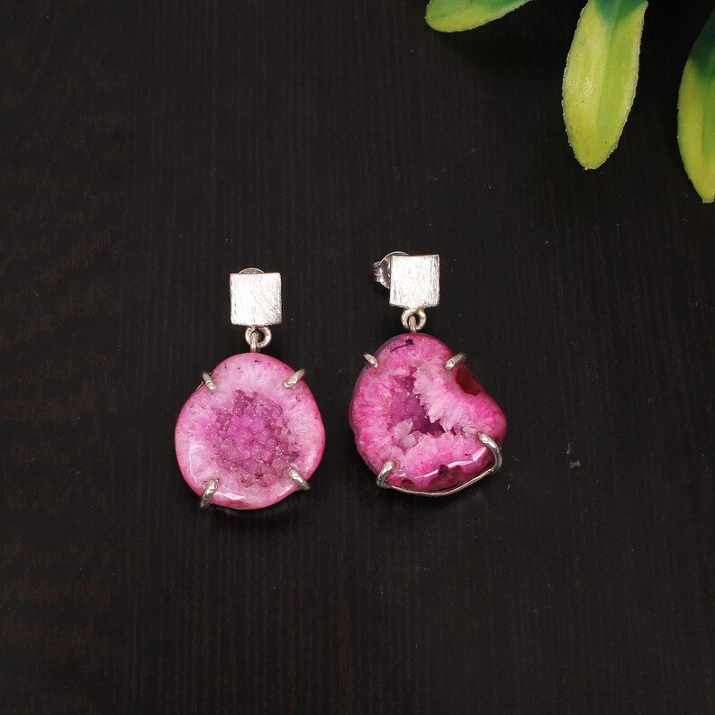 Natural Pink Window Druzy Gemstone Sterling Silver Earrings