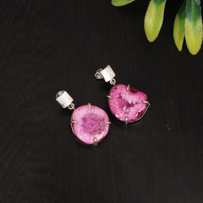 Natural Pink Window Druzy Gemstone Sterling Silver Earrings