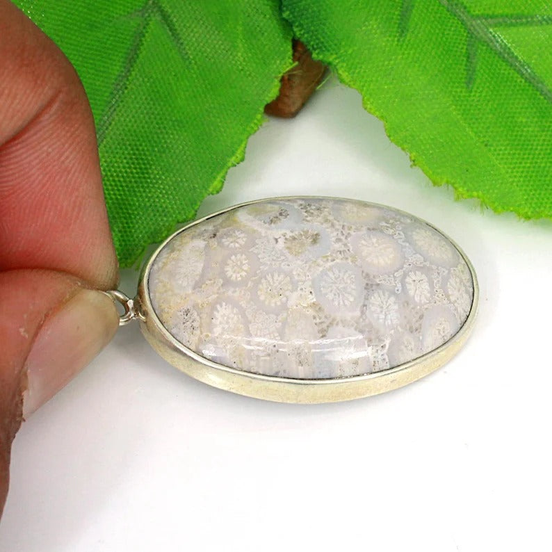 Fossil Coral Gemstone 92.5 Sterling Silver Pendant