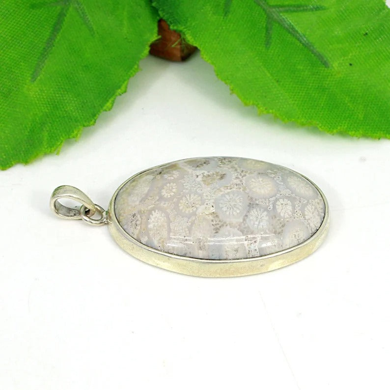 Fossil Coral Gemstone 92.5 Sterling Silver Pendant