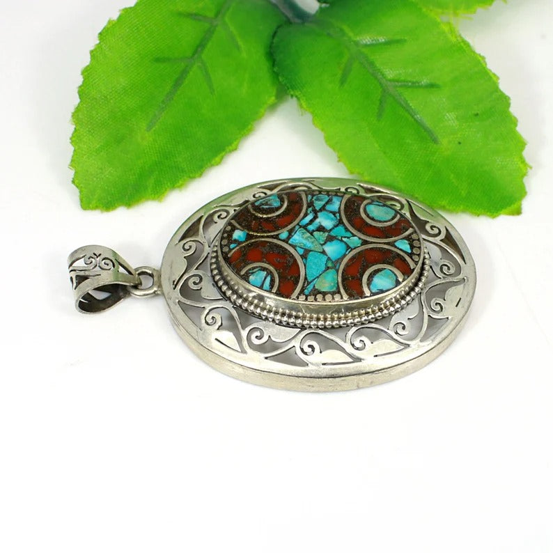 Large Mosaic Pendant From Nepal With Turquoise & Coral Inlay-Filigree Silver Designer Pendant