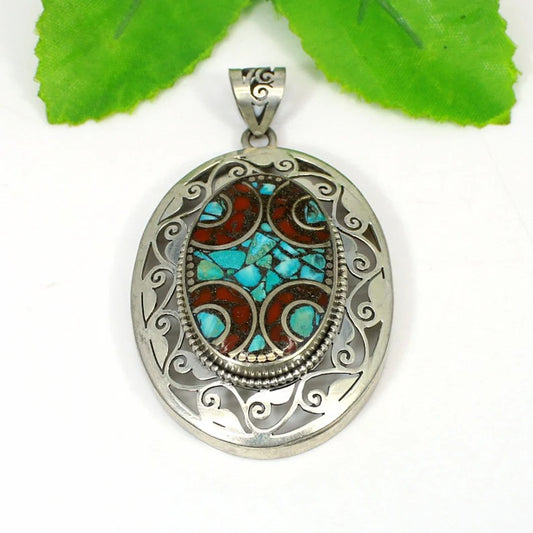 Large Mosaic Pendant From Nepal With Turquoise & Coral Inlay-Filigree Silver Designer Pendant