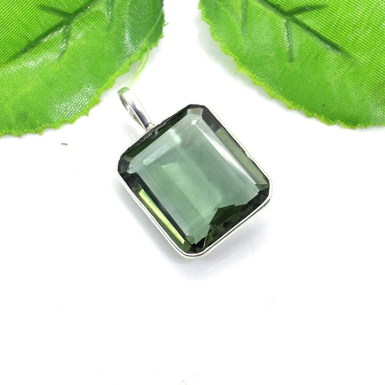 Green Amethyst Gemstone 92.5 Sterling Silver Square Pendant