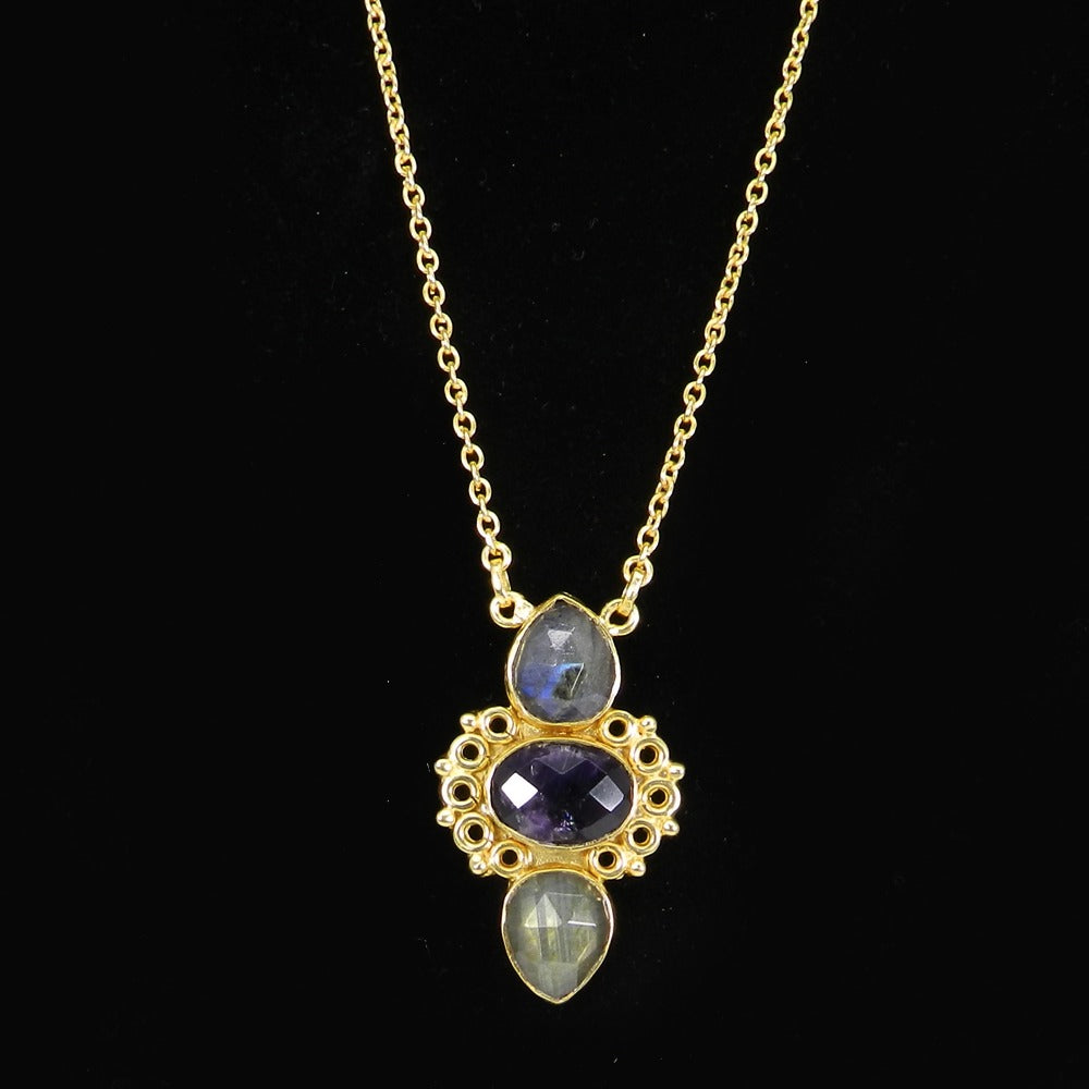 Three Stones Labradorite Amethyst 22 Inch 18K Gold Plated Designer Chain Necklace