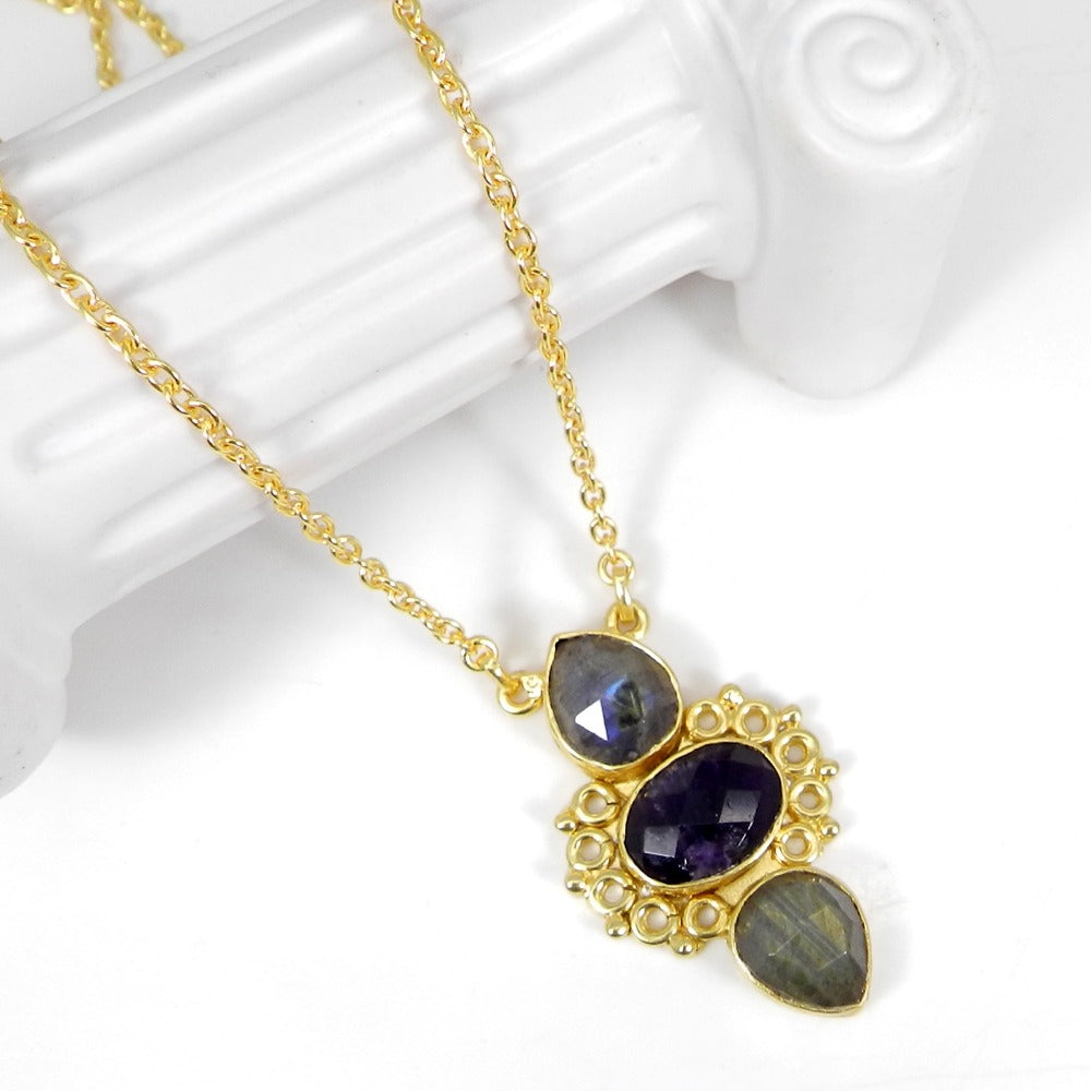 Three Stones Labradorite Amethyst 22 Inch 18K Gold Plated Designer Chain Necklace