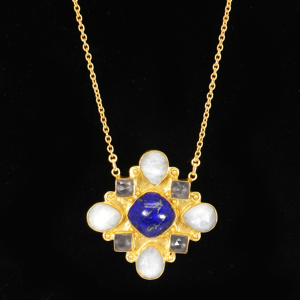 Rainbow Moonstone Rose Quartz Lapis Lazuli 19 Inch 18K Gold Plated Designer Chain Necklace