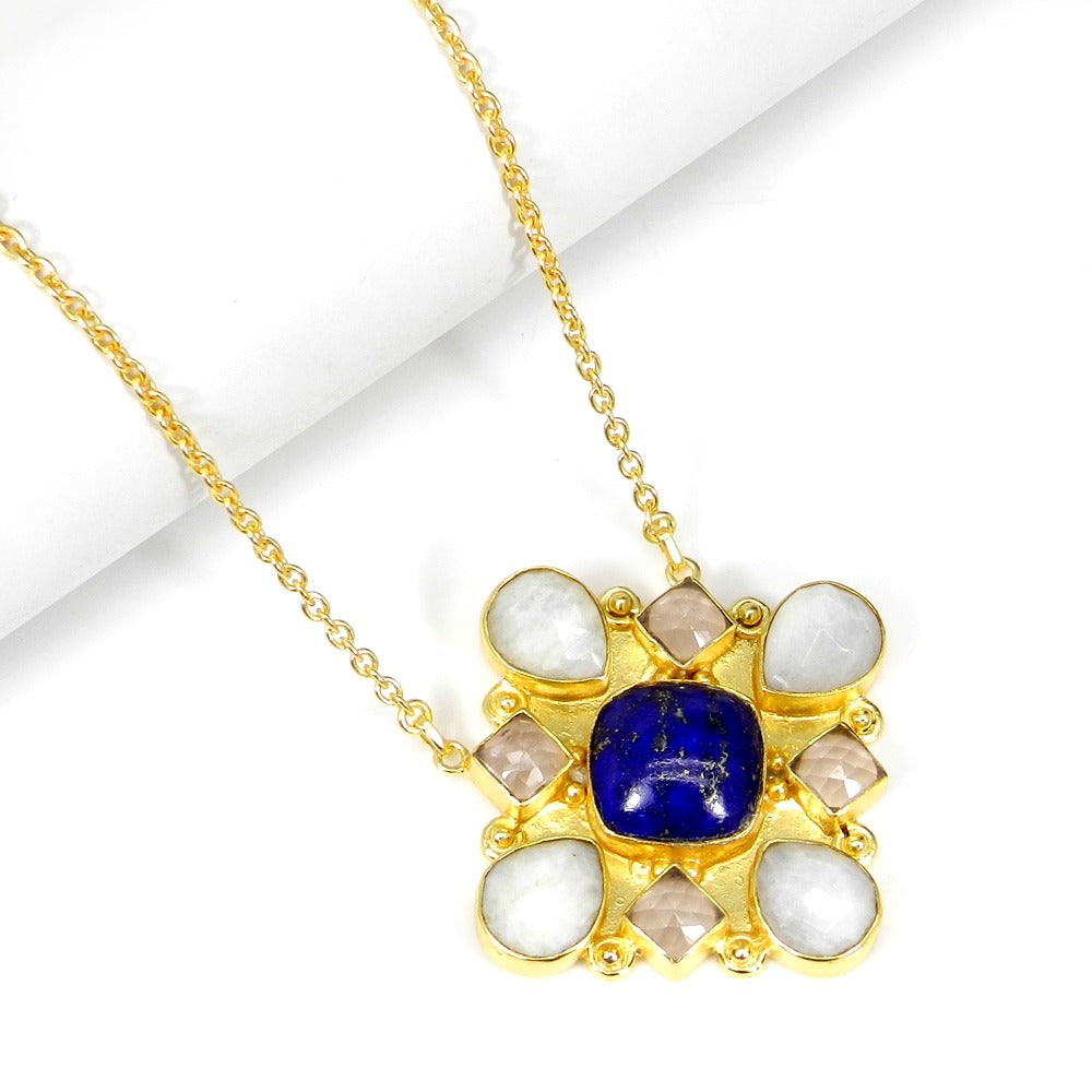 Rainbow Moonstone Rose Quartz Lapis Lazuli 19 Inch 18K Gold Plated Designer Chain Necklace