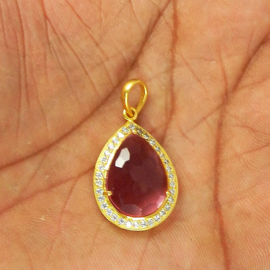 Pink Amethyst & CZ 35mm 18k Gold Plated Bezel Pendant