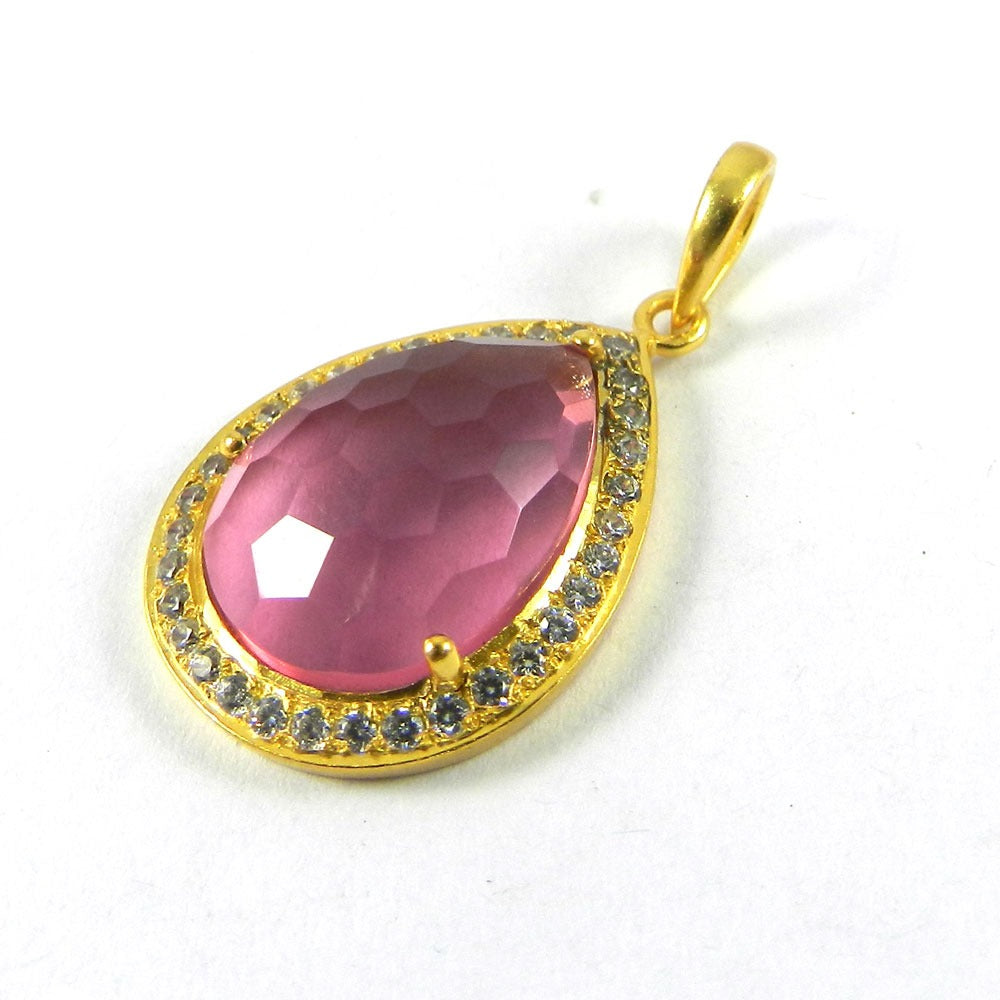 Pink Amethyst & CZ 35mm 18k Gold Plated Bezel Pendant