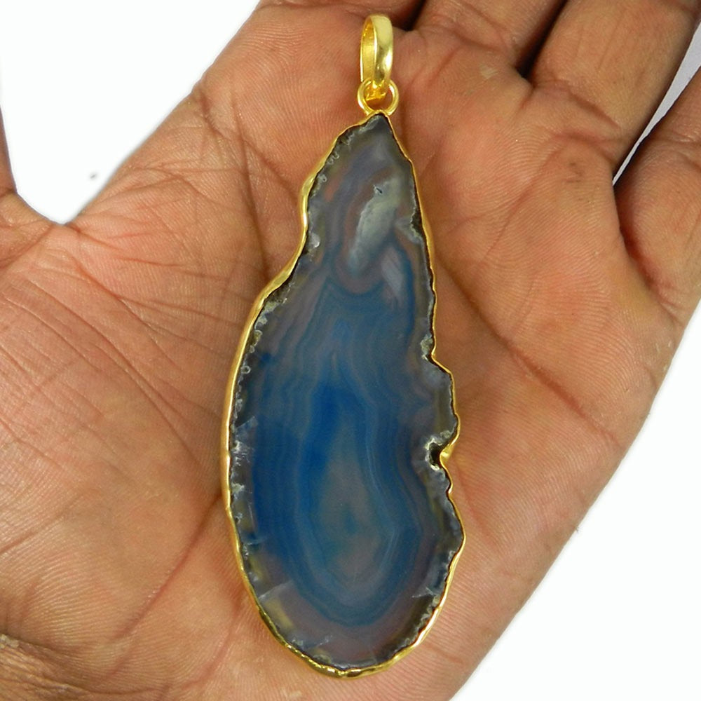 Brazil Agate Slice 94mm 18k Gold Plated Bezel Pendant