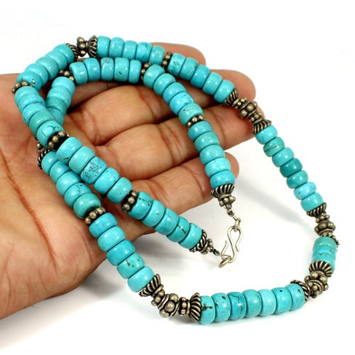 Turquoise Heishi Beads White Metal Necklace Roundel Cabochon 6 mm 70.29 Gram Beads Necklace