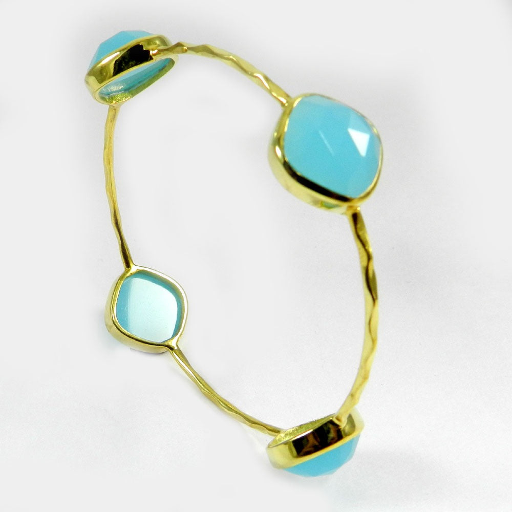 Aqua Chalcedony Gemstone Brass Gold Plated Bezel Hammered Bangle