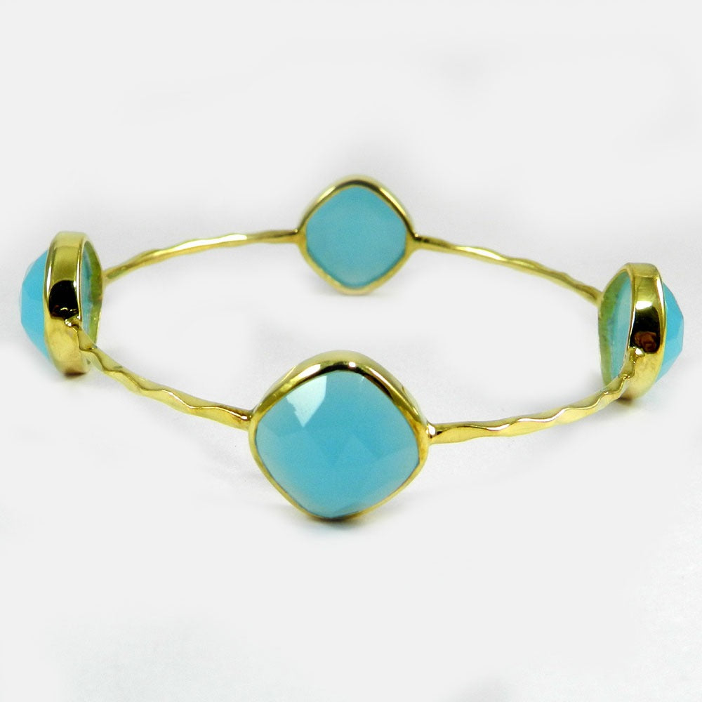 Aqua Chalcedony Gemstone Brass Gold Plated Bezel Hammered Bangle