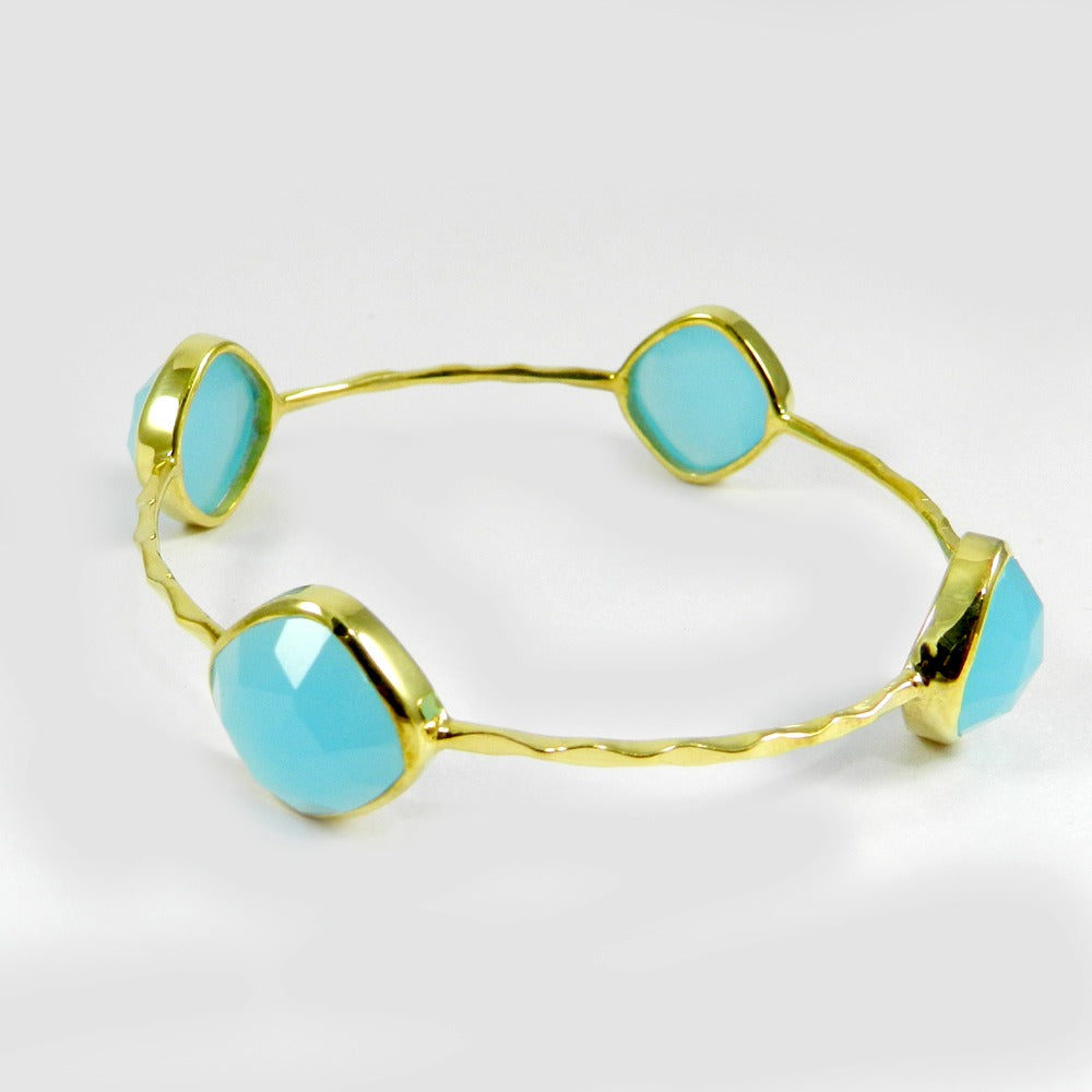 Aqua Chalcedony Gemstone Brass Gold Plated Bezel Hammered Bangle