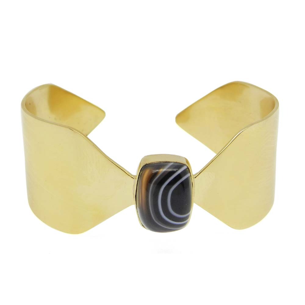 Gold Plated Black Banded Agate Rectangle Bezel Set Cuff Bangle