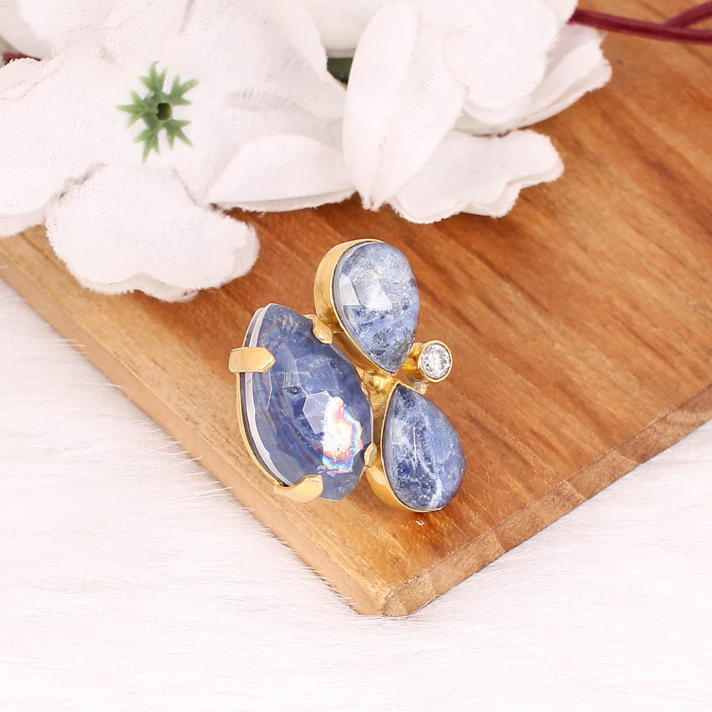 Sodalite & Crystal Doublet Gold Plated Brass Ring