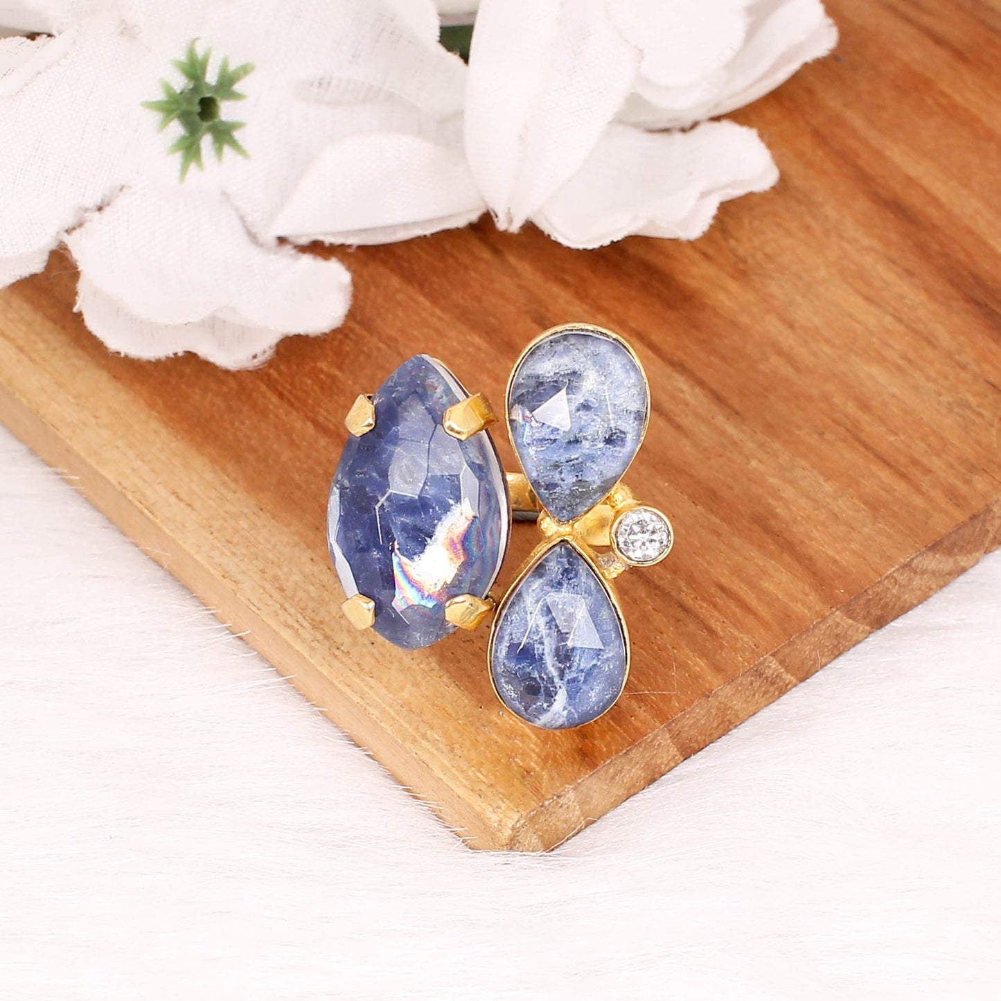 Sodalite & Crystal Doublet Gold Plated Brass Ring