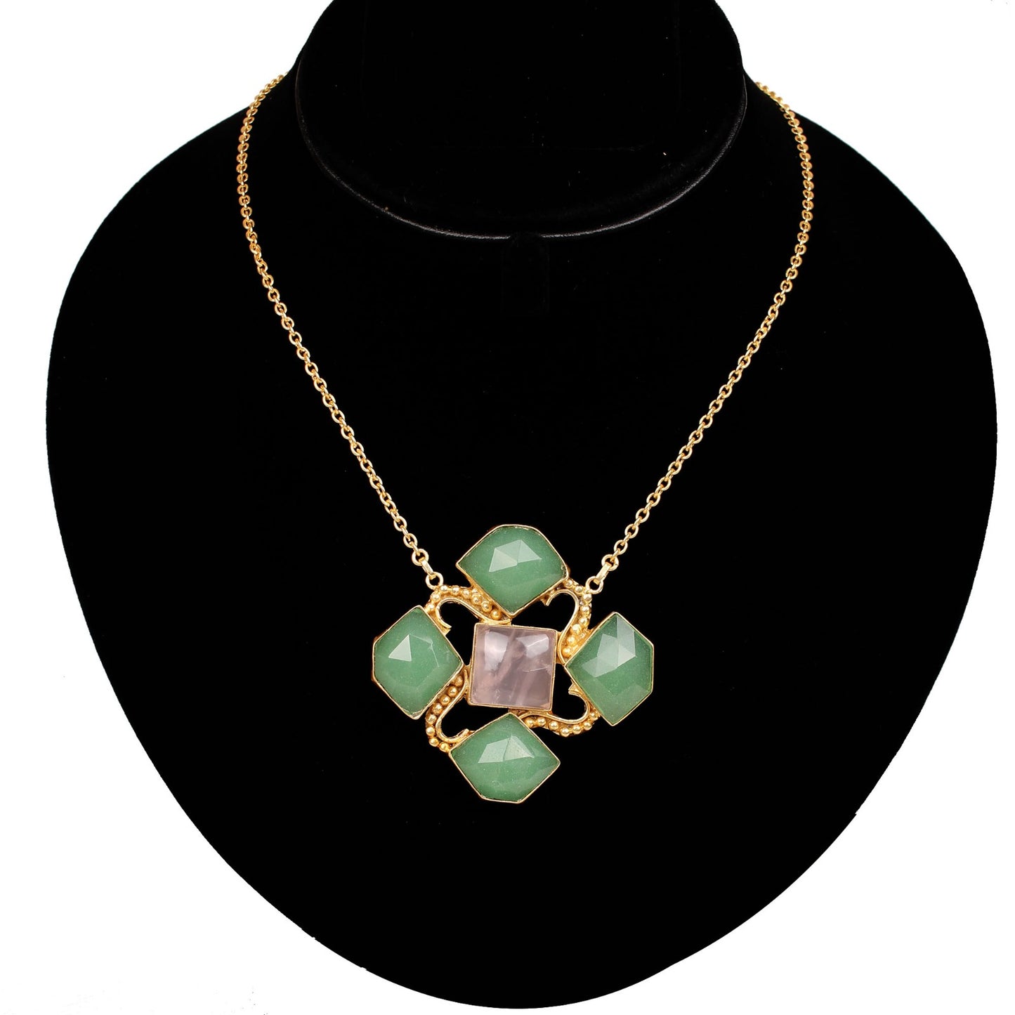 Green Aventurine & Rose Quartz Gemstone Gold Plated Brass Necklace