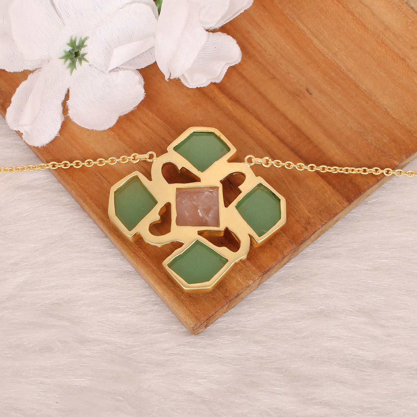 Green Aventurine & Rose Quartz Gemstone Gold Plated Brass Necklace