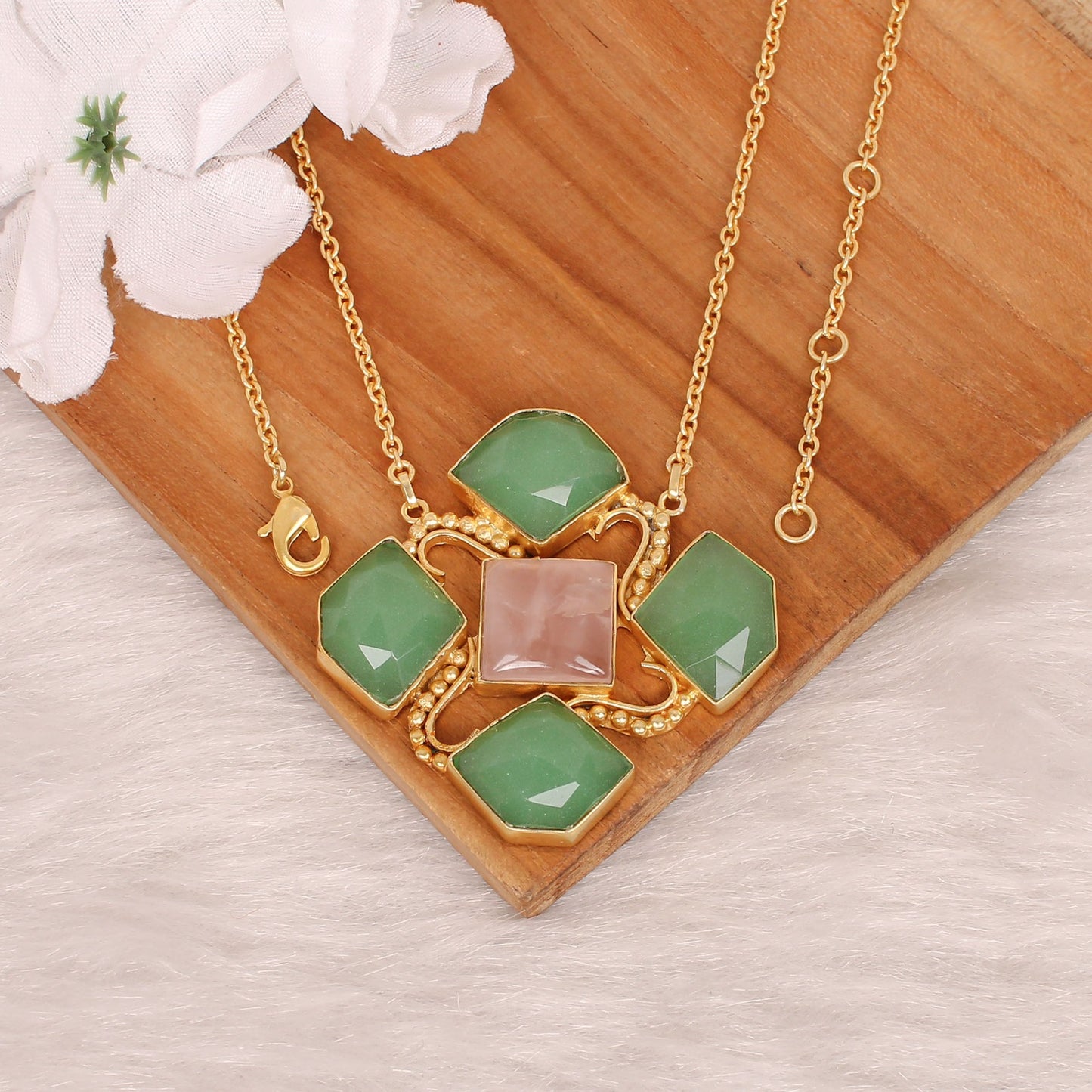 Green Aventurine & Rose Quartz Gemstone Gold Plated Brass Necklace