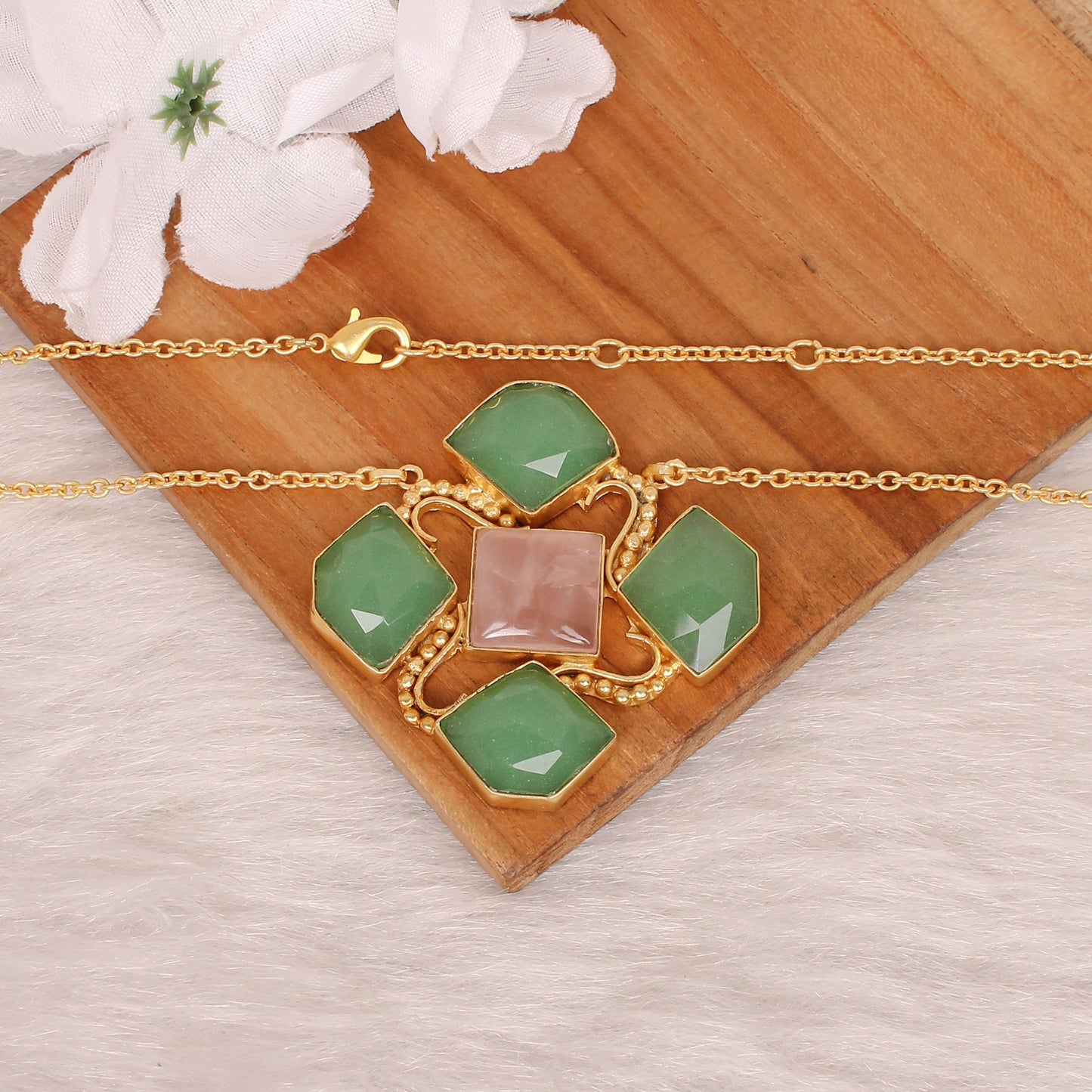 Green Aventurine & Rose Quartz Gemstone Gold Plated Brass Necklace