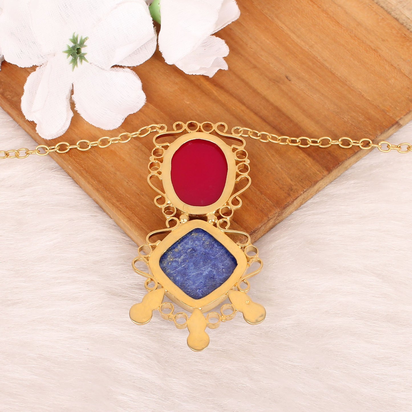 Fuchsia Chalcedony & Lapis Lazuli Gemstone Brass Necklace