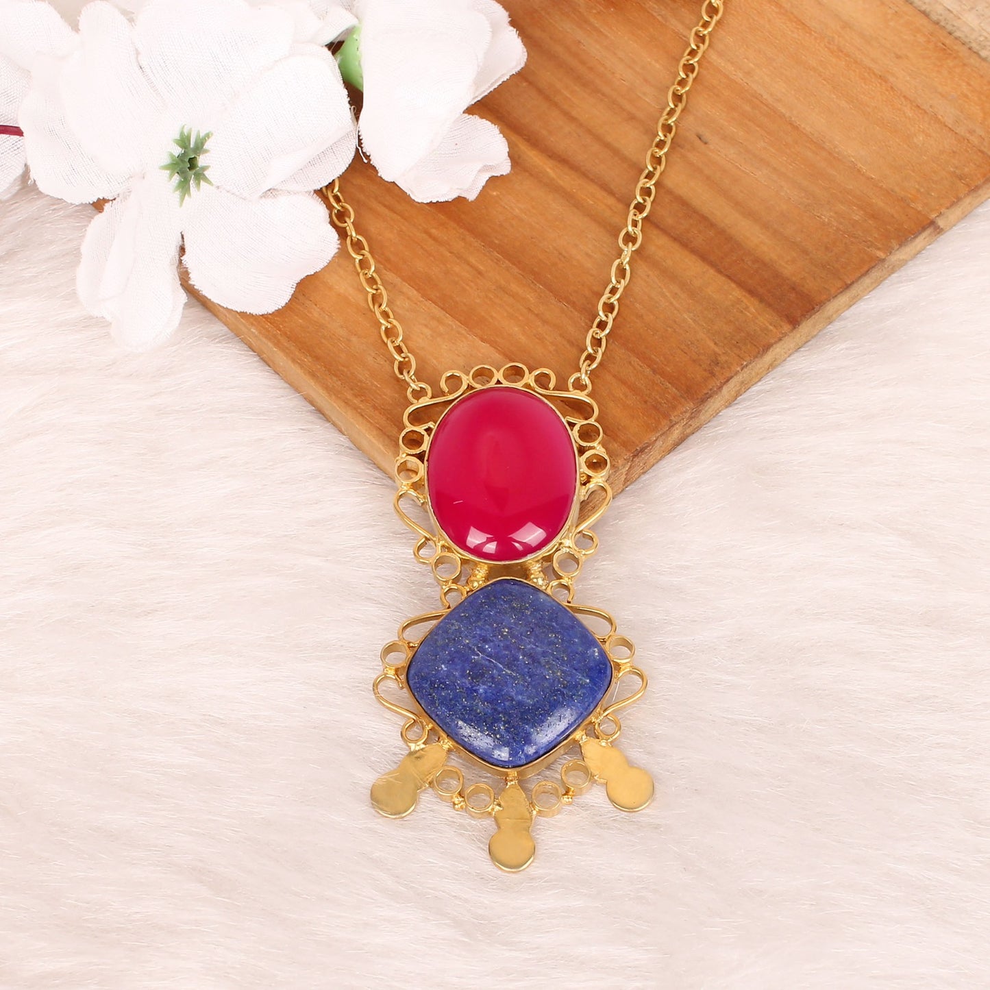 Fuchsia Chalcedony & Lapis Lazuli Gemstone Brass Necklace