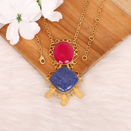 Fuchsia Chalcedony & Lapis Lazuli Gemstone Brass Necklace