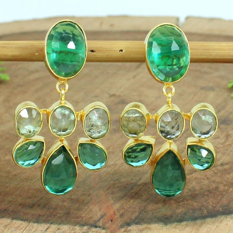 Aqua Crackle Glass & Apatite Gemstone Gold Plated Brass Earrings