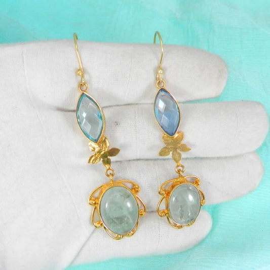 Blue Topaz & Aqua Crackle Glass Gemstone Brass Earrings