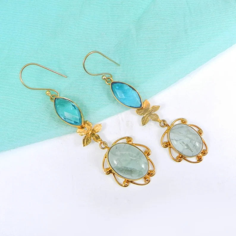 Blue Topaz & Aqua Crackle Glass Gemstone Brass Earrings