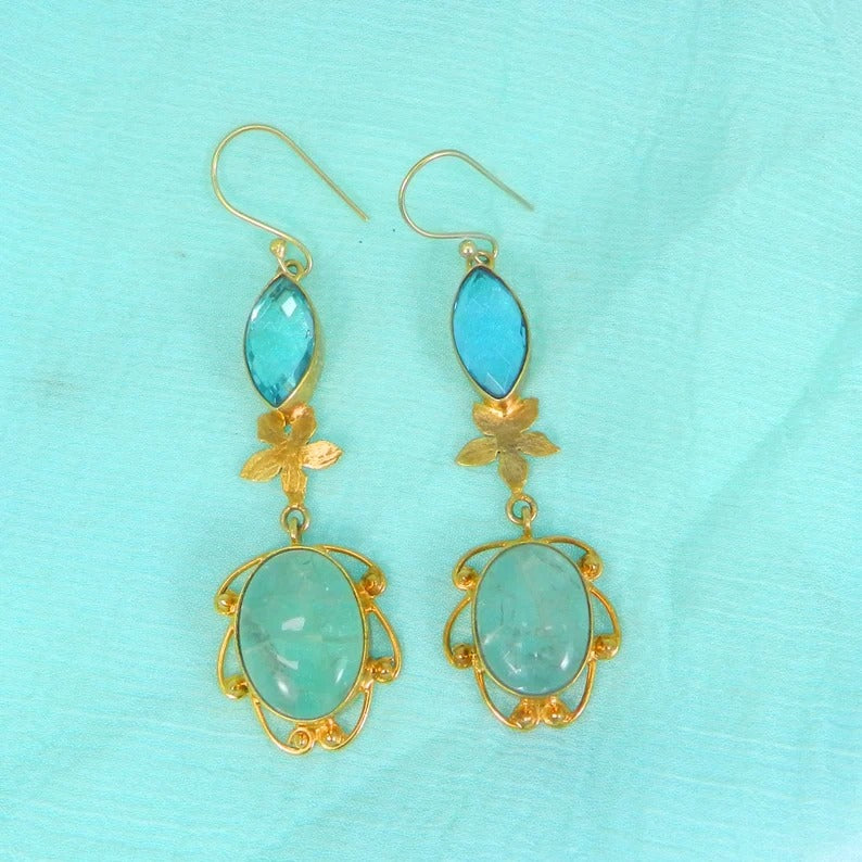 Blue Topaz & Aqua Crackle Glass Gemstone Brass Earrings