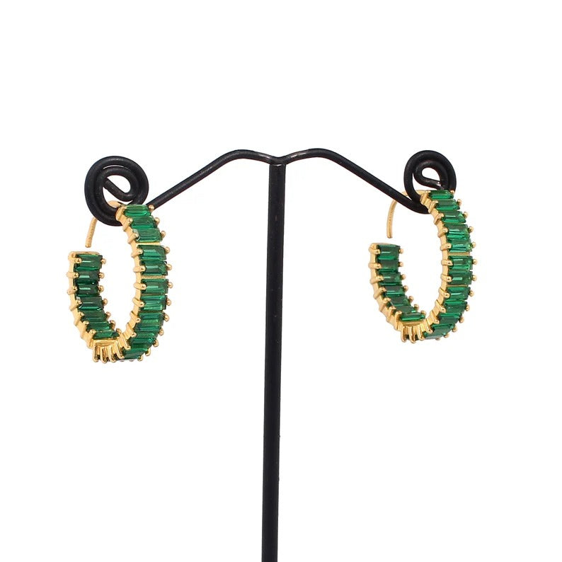 92.5 Solid Silver Green Cz Stone Hoops Earring