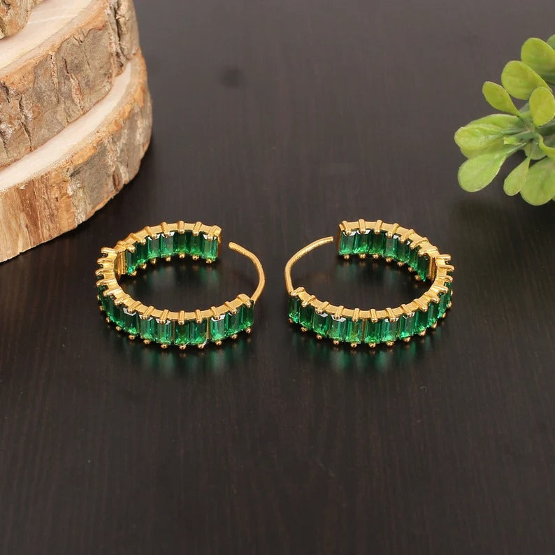 92.5 Solid Silver Green Cz Stone Hoops Earring