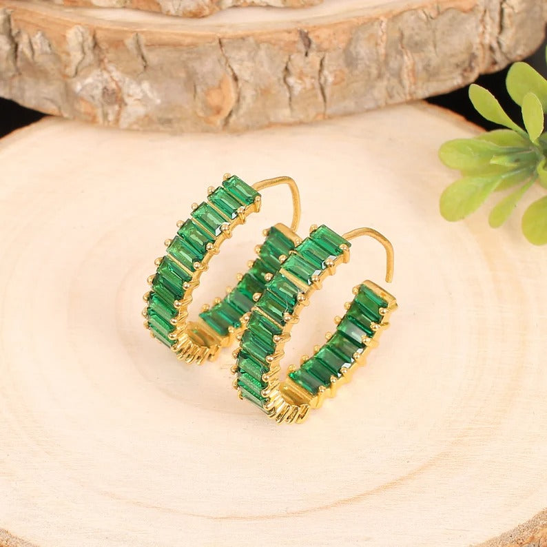 92.5 Solid Silver Green Cz Stone Hoops Earring