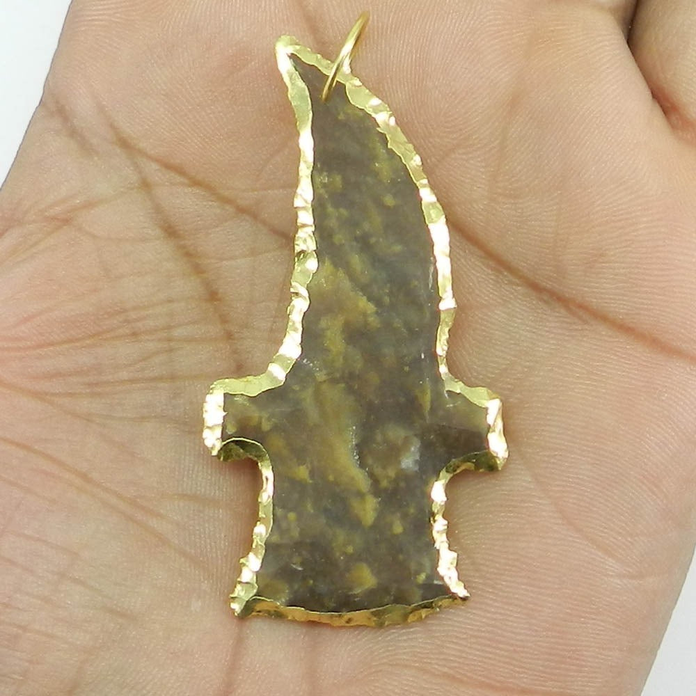 Agate Arrowhead Dagger Shape 60x30mm Gold Electroplated Pendant