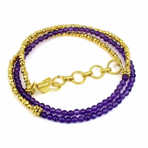 Gold Pyrite & Amethyst Beads Necklace Brass 18K Gold Plated 14.58 Gram 3mm 22 Inch