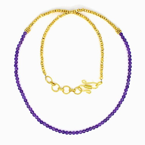 Gold Pyrite & Amethyst Beads Necklace Brass 18K Gold Plated 14.58 Gram 3mm 22 Inch