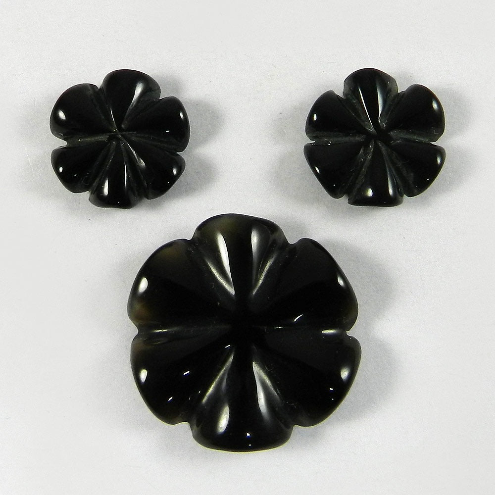 3 Pcs Black Onyx Flower Shape Carving IG4035