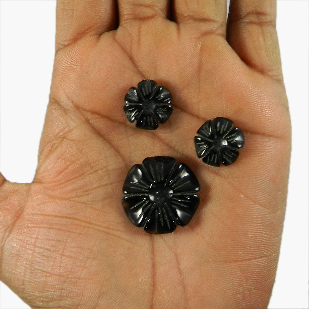 3 Pcs Black Onyx Flower Shape Carving IG4035