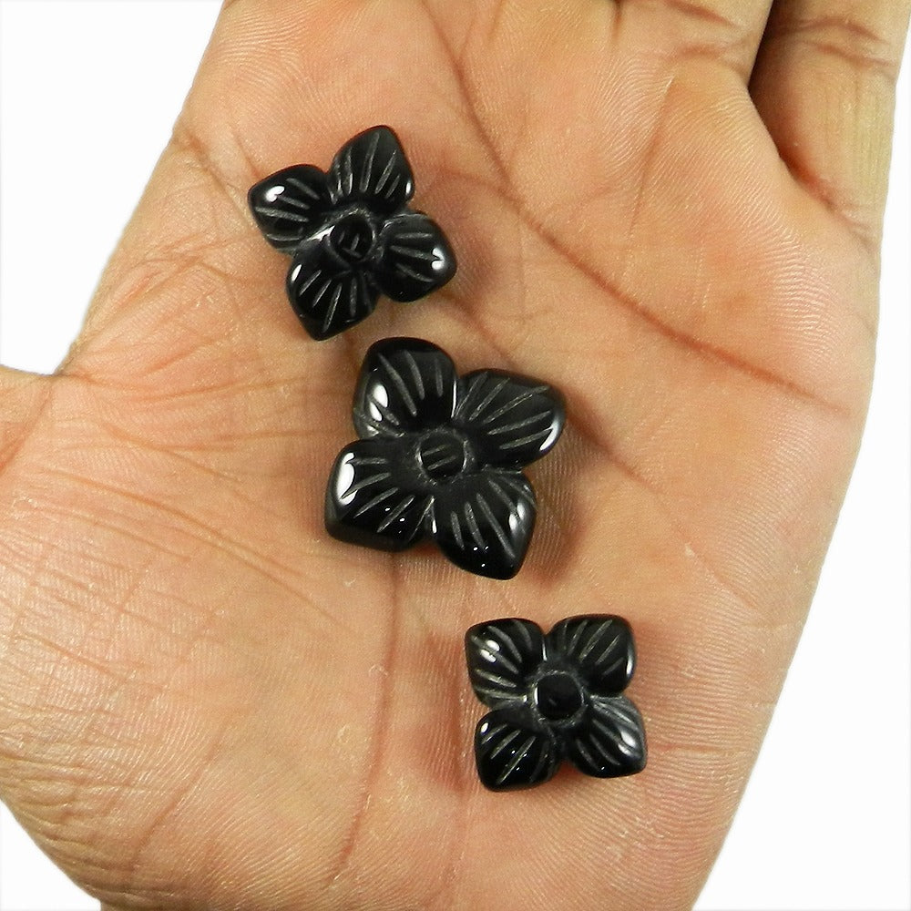 3 Pcs Black Onyx Flower Shape Carving IG4024