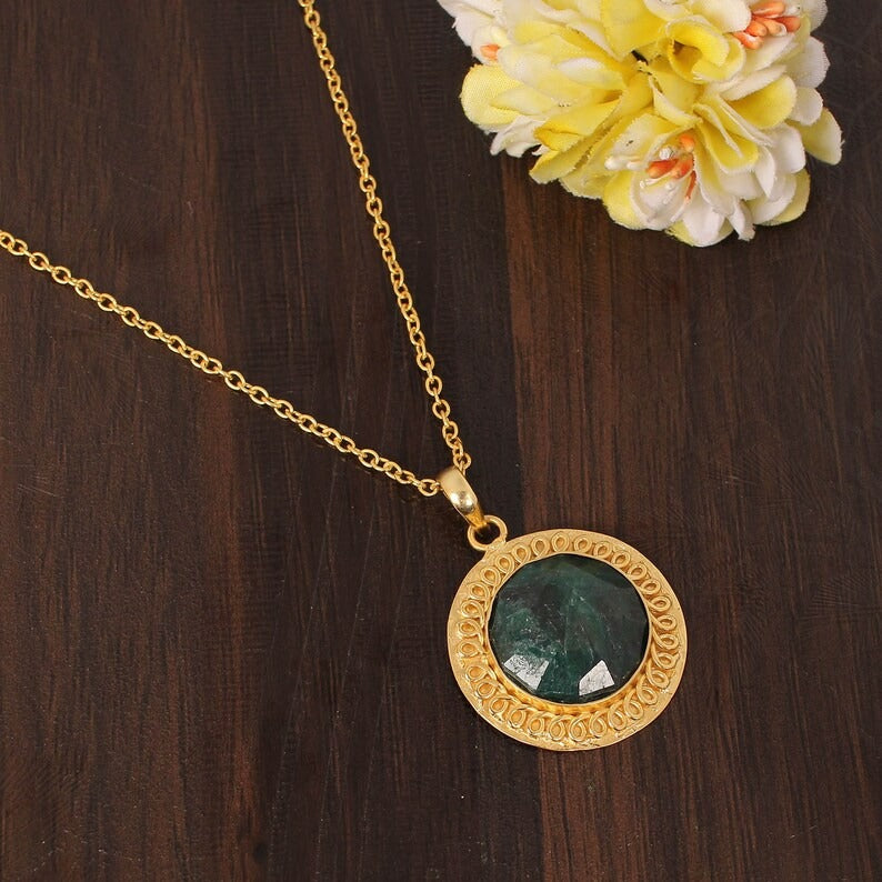 Natural Emerald Corundum Gemstone Gold Plated Brass Necklace