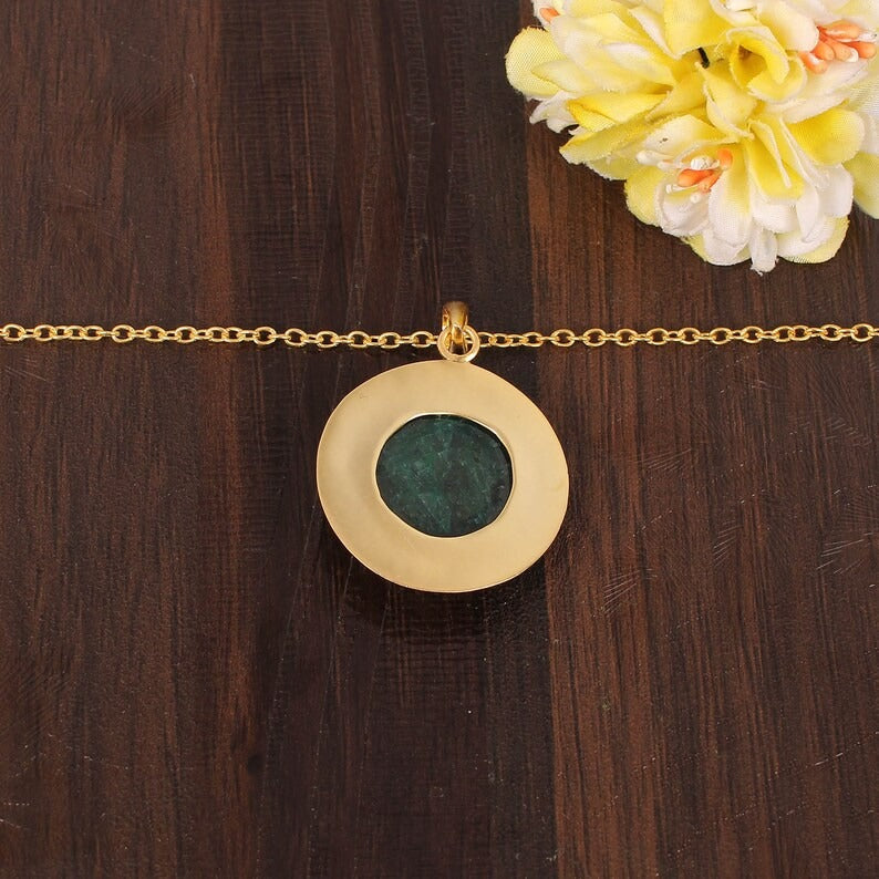 Natural Emerald Corundum Gemstone Gold Plated Brass Necklace