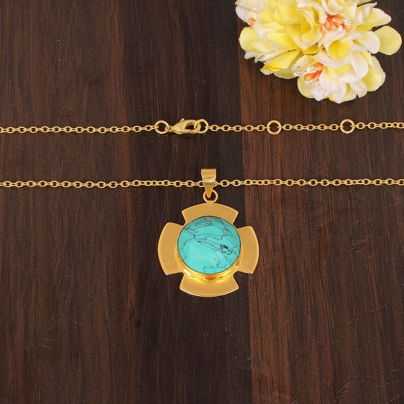 Synthetic Blur Turquoise Gemstone Gold Plated Brass Necklace